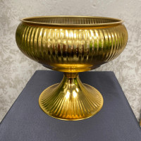 Vintage Metal Çiçeklik ve Dekoratif Ayaklı Çizgili Ufo Oval Vazo - 23124 -