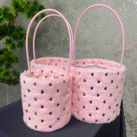 Şık Pembe Peluş Altın Yaldız Kalpli Saplı Hediye Kutusu 3'lü - 23104 -